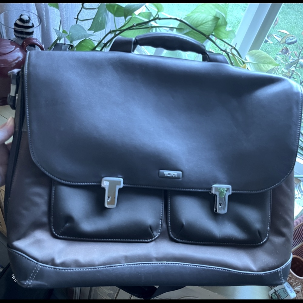 Tumi brown leather & canvas briefcase with shoulder strap.